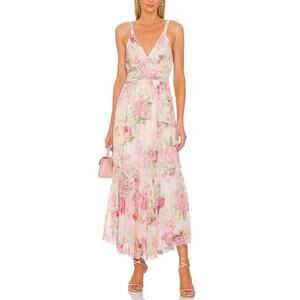 Hemant & Nandita Women’s Anka Pink Floral Peony Tiered White Metallic Midi Dress
